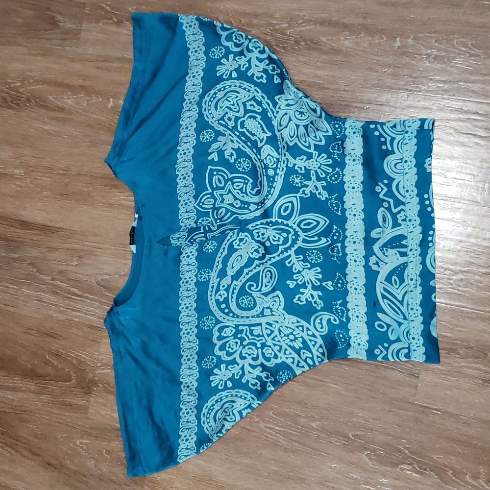 (S) Guess by Marciano Patterned Silk Blouse Arm Cutouts Keyhole Loose Fit Flowy